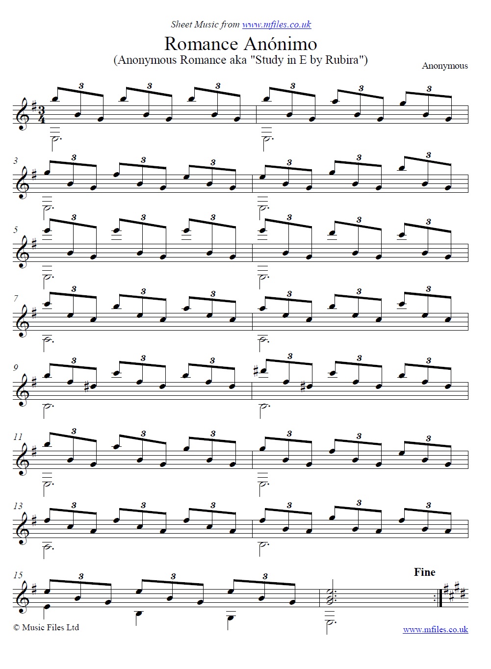 Romance Anonimo for guitar - sheet music 1st page
