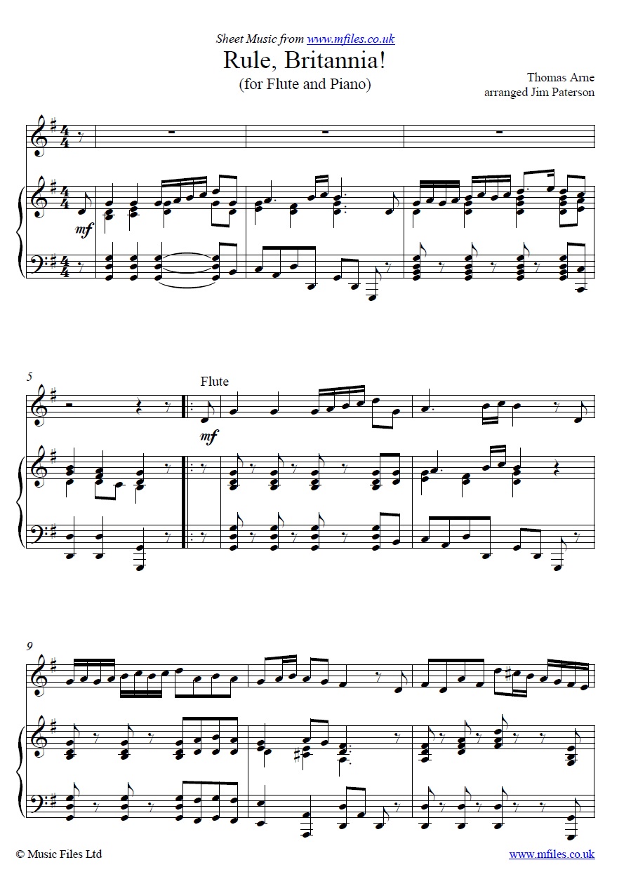 Arne's Rule Britannia for flute and piano - sheet music 1st page
