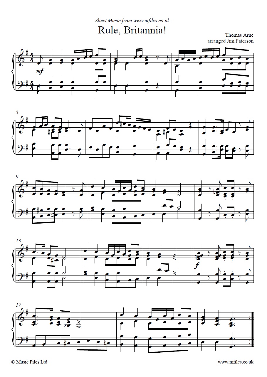 Arne's Rule Britannia for piano - sheet music 1st page