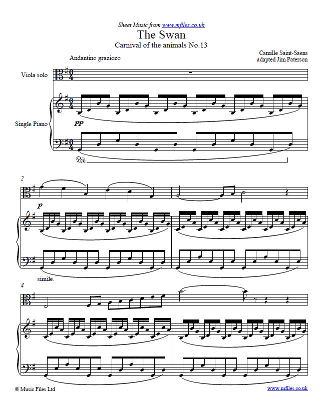 Saint-Saens' Swan from Carnival of the Animals for viola and piano - sheet music 1st page