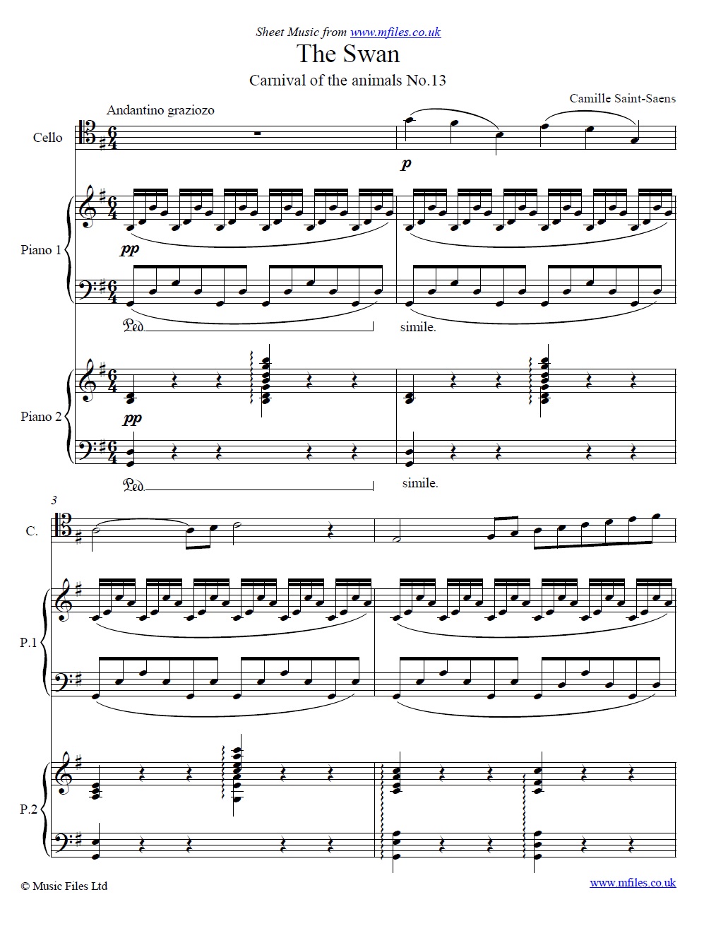 Saint-Saens' Swan from Carnival of the Animals (score) - sheet music 1st page