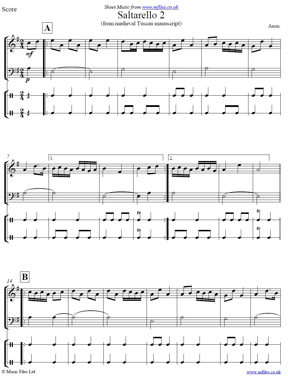 Saltarello 2 arranged for oboe bassoon and percussion - sheet music 1st page