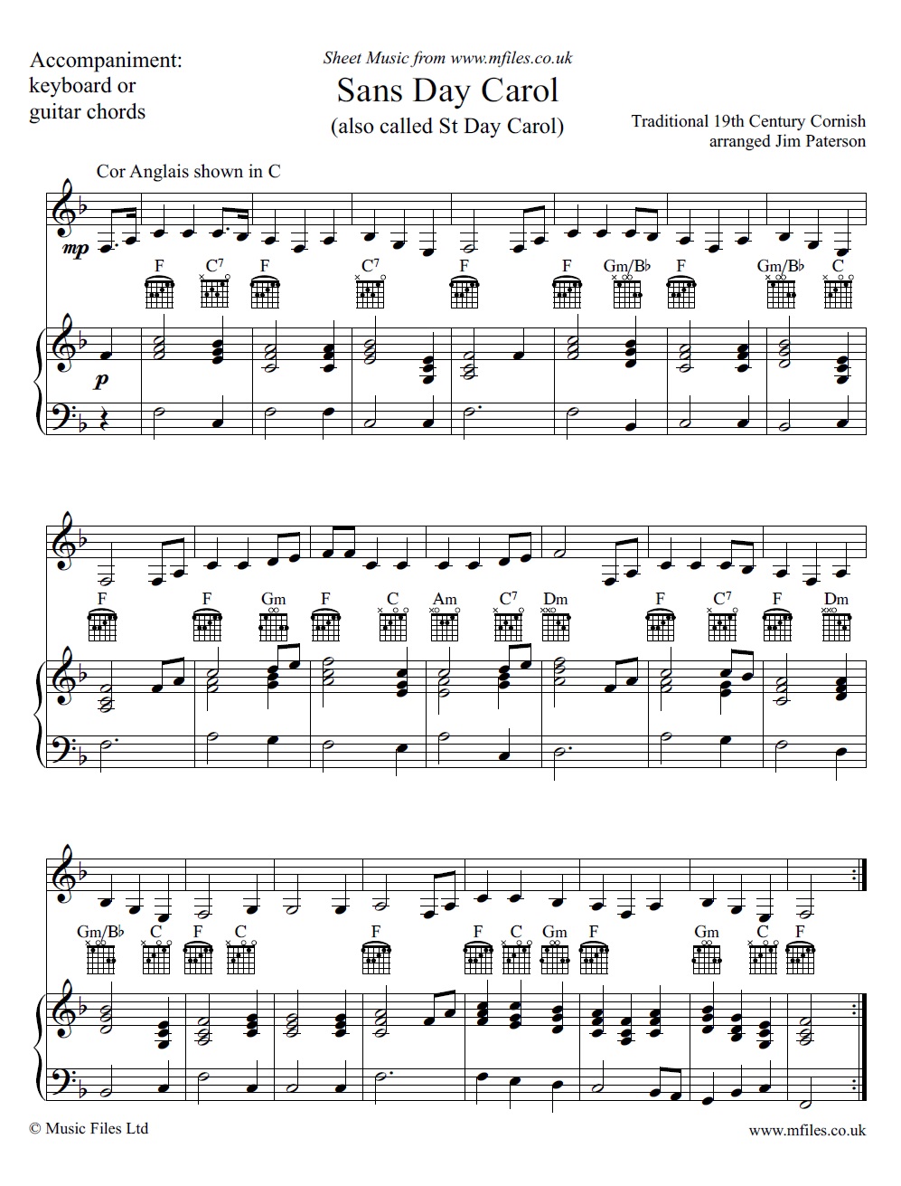 Sans Day Carol for cor anglais and piano - sheet music 1st page