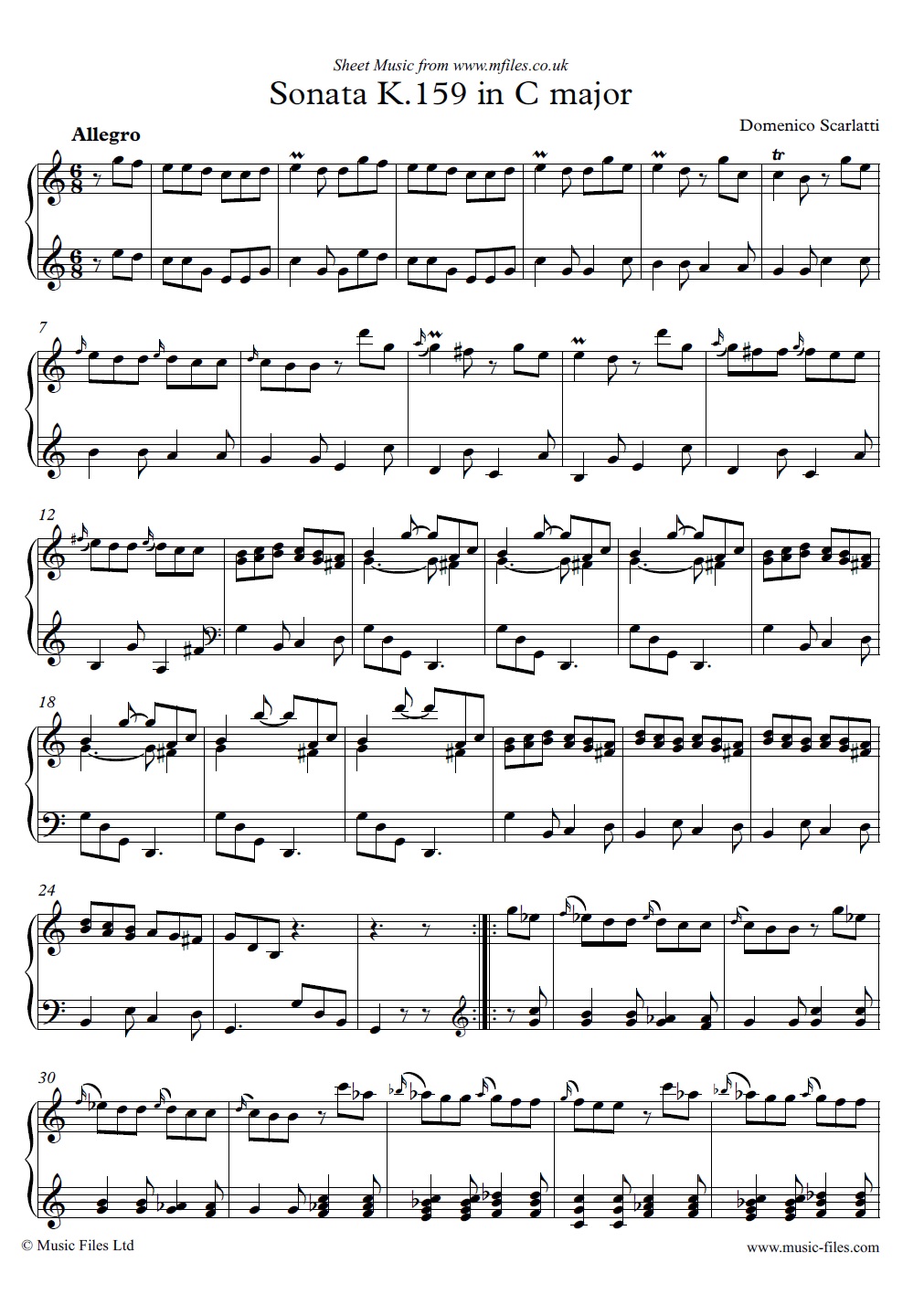 Domenico Scarlatti's Keyboard Sonata K.159 in C major - sheet music 1st page