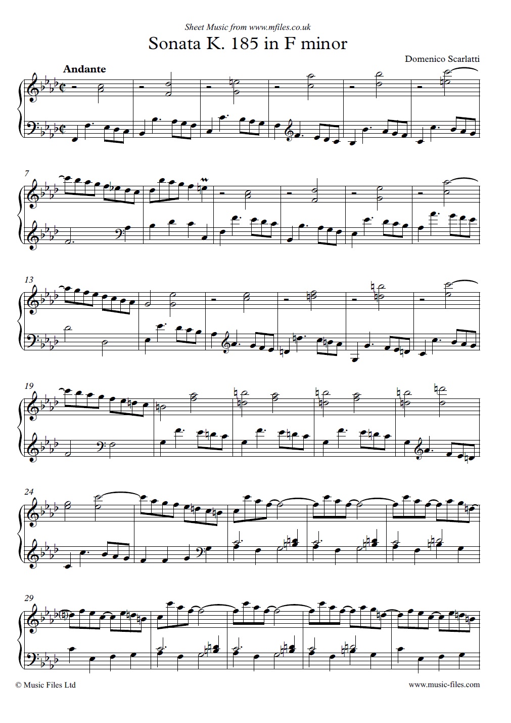 Domenico Scarlatti's Keyboard Sonata K.185 in F minor - sheet music 1st page