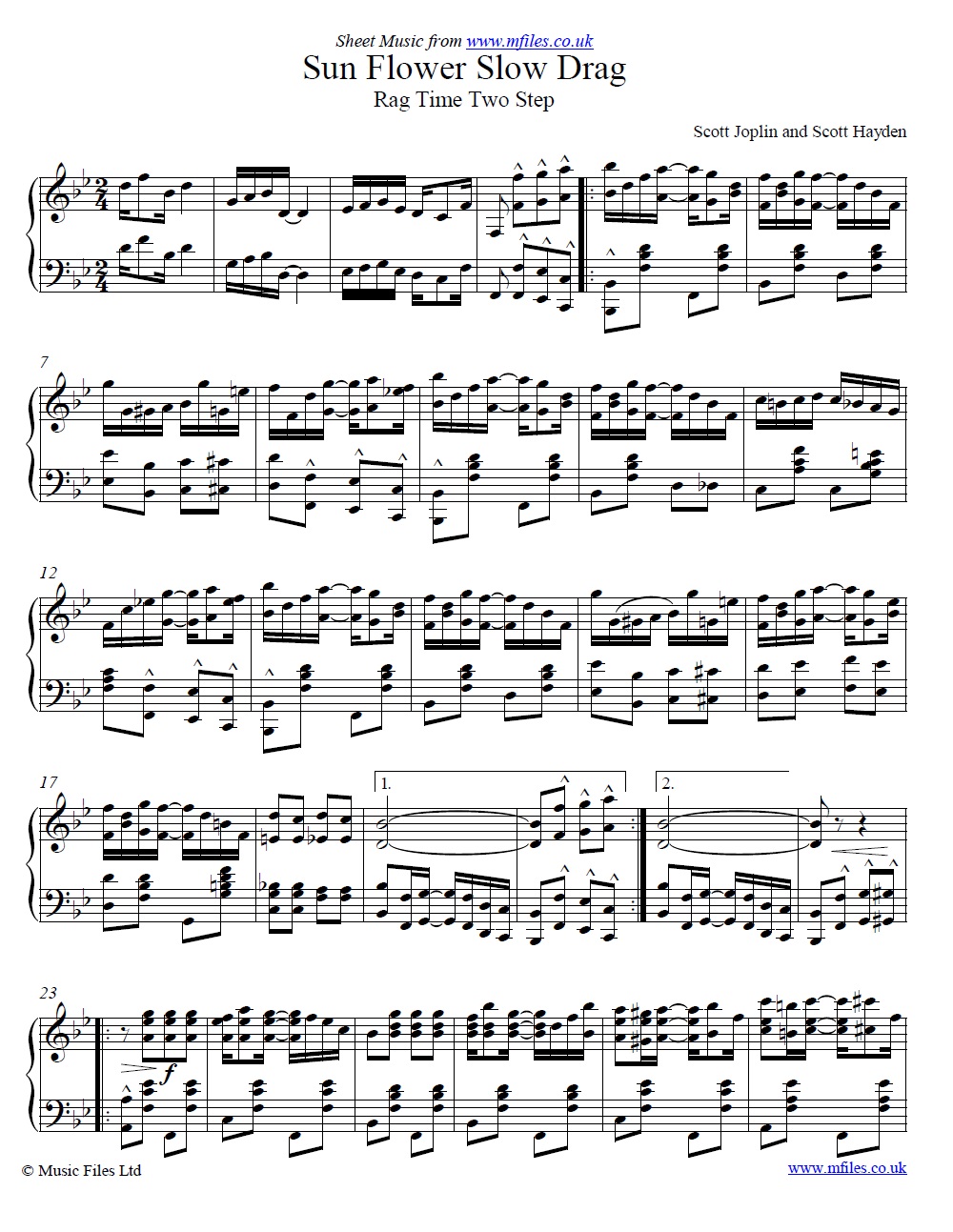 Scott Joplin and Scott Hayden's Sunflower Slow Drag for piano - sheet music 1st page