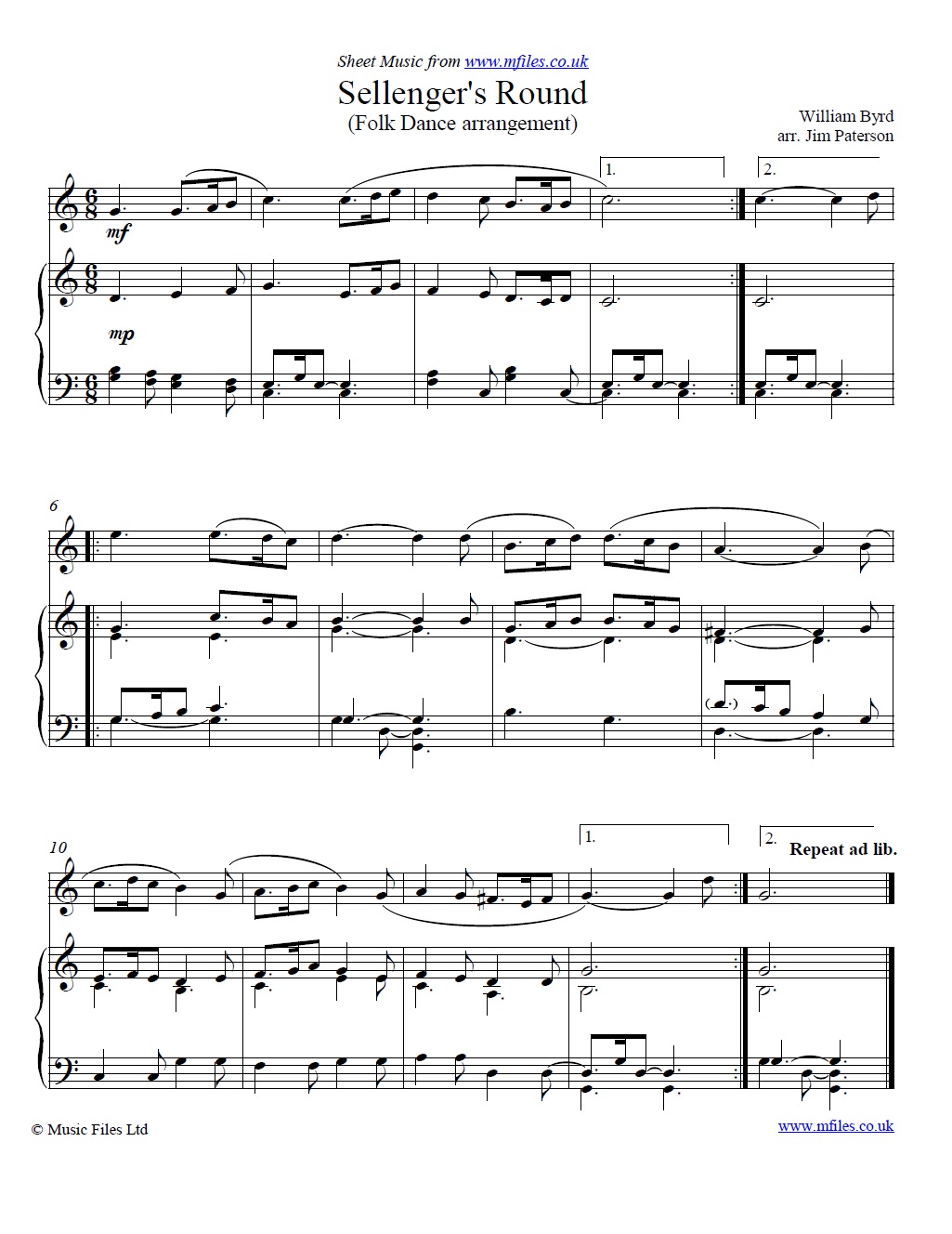 Sellenger's Round for recorder and piano - sheet music 1st page