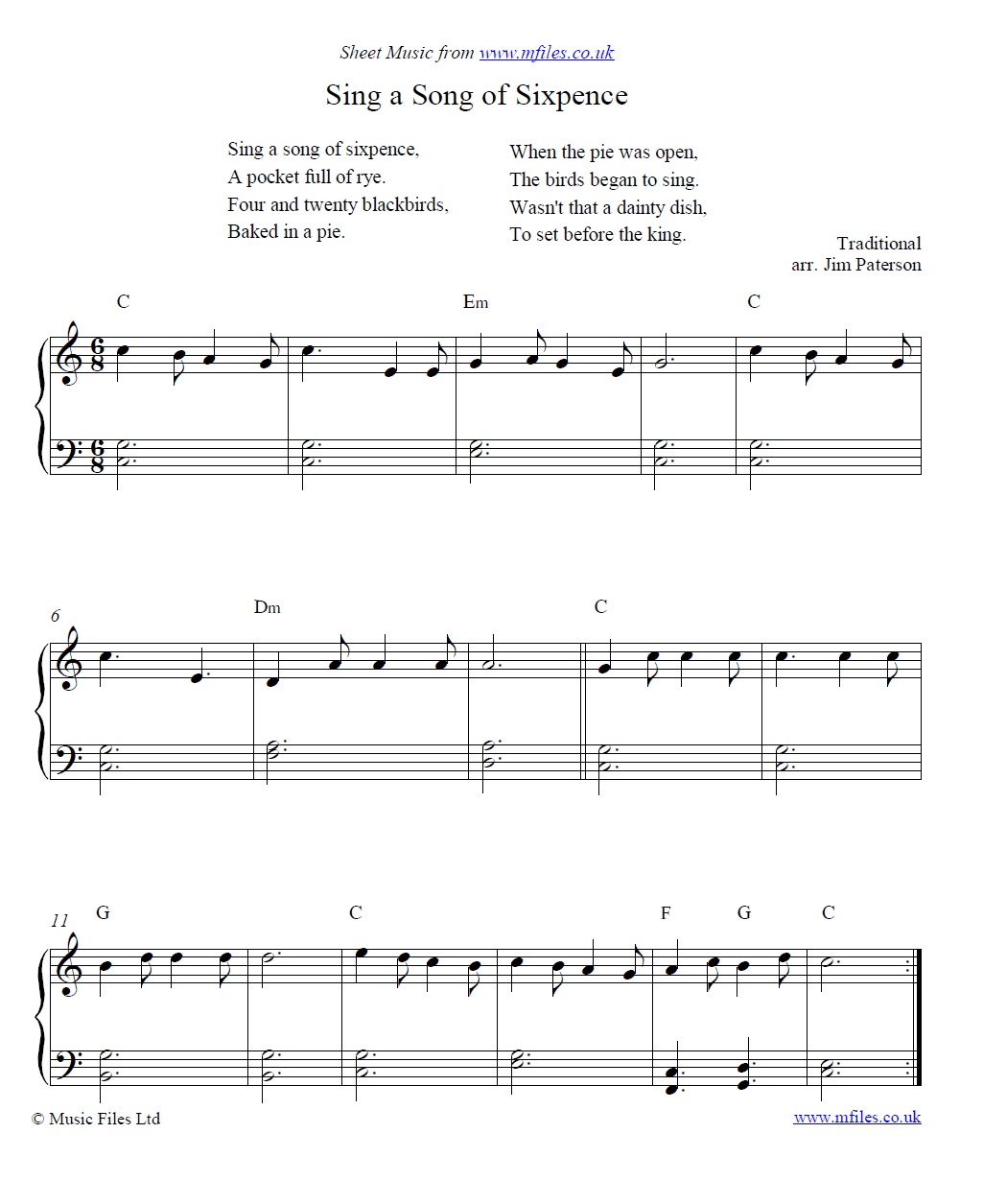 Sing a Song of Sixpence for piano - sheet music 1st page