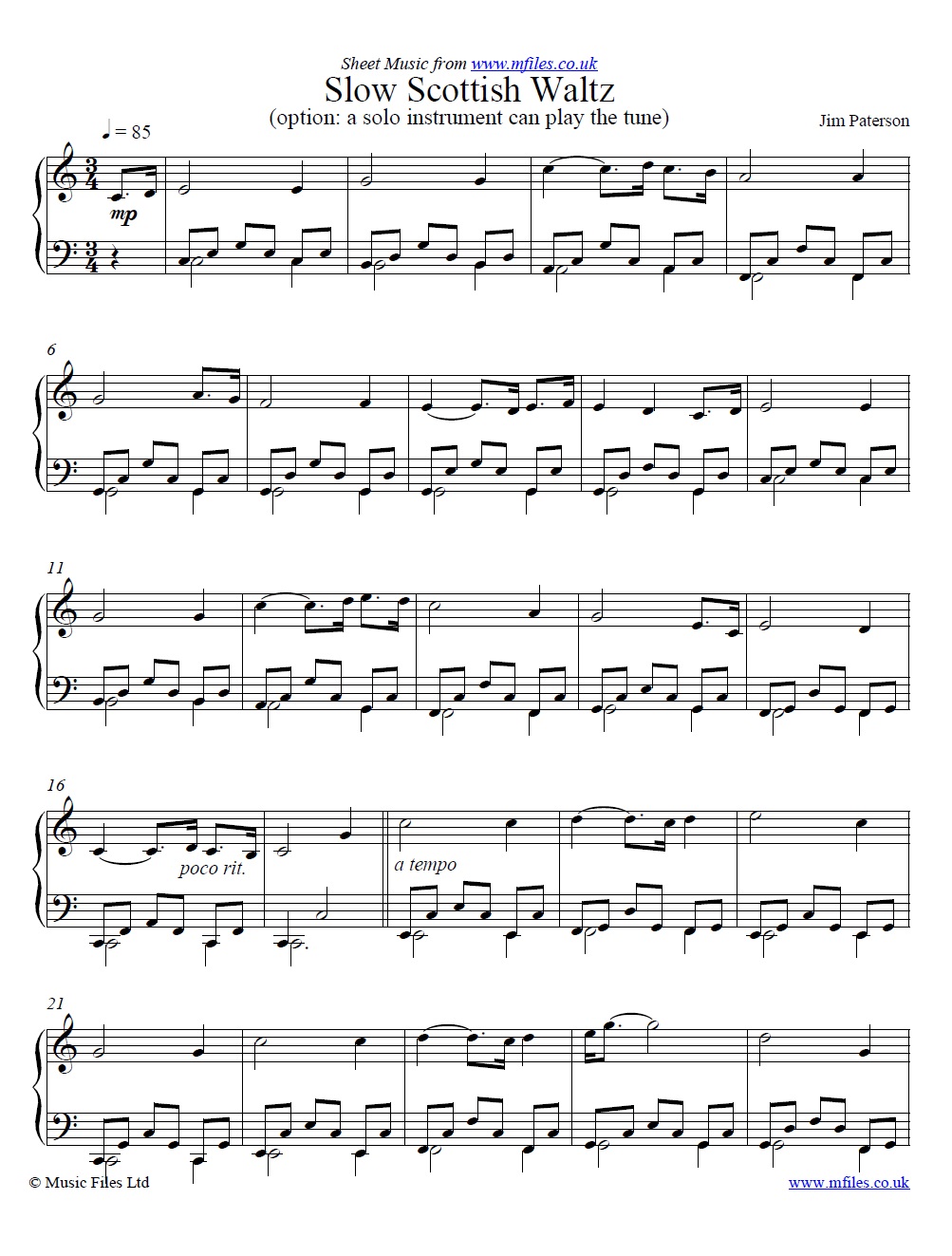 Slow Scottish Waltz by Jim Paterson for piano - sheet music 1st page