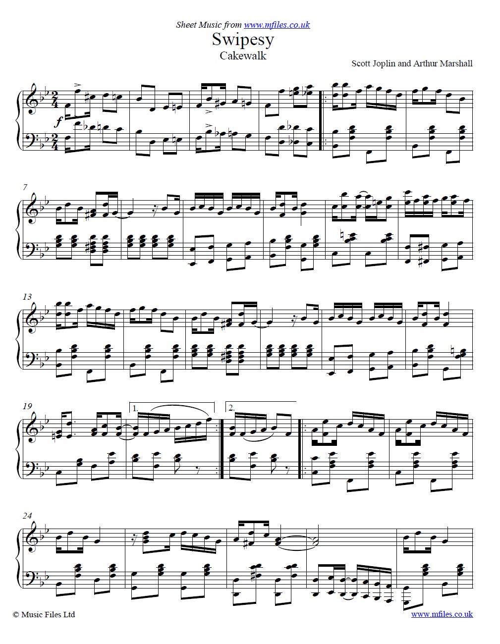 Scott Joplin and Arthur Marshall's Swipesy (Cakewalk) for piano - sheet music 1st page