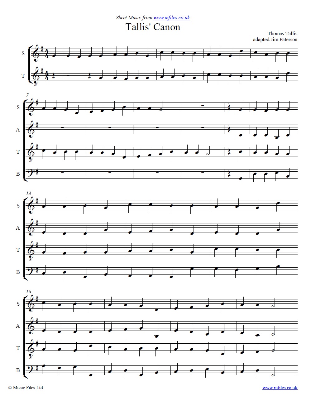 Tallis' Canon arrangement - sheet music 1st page