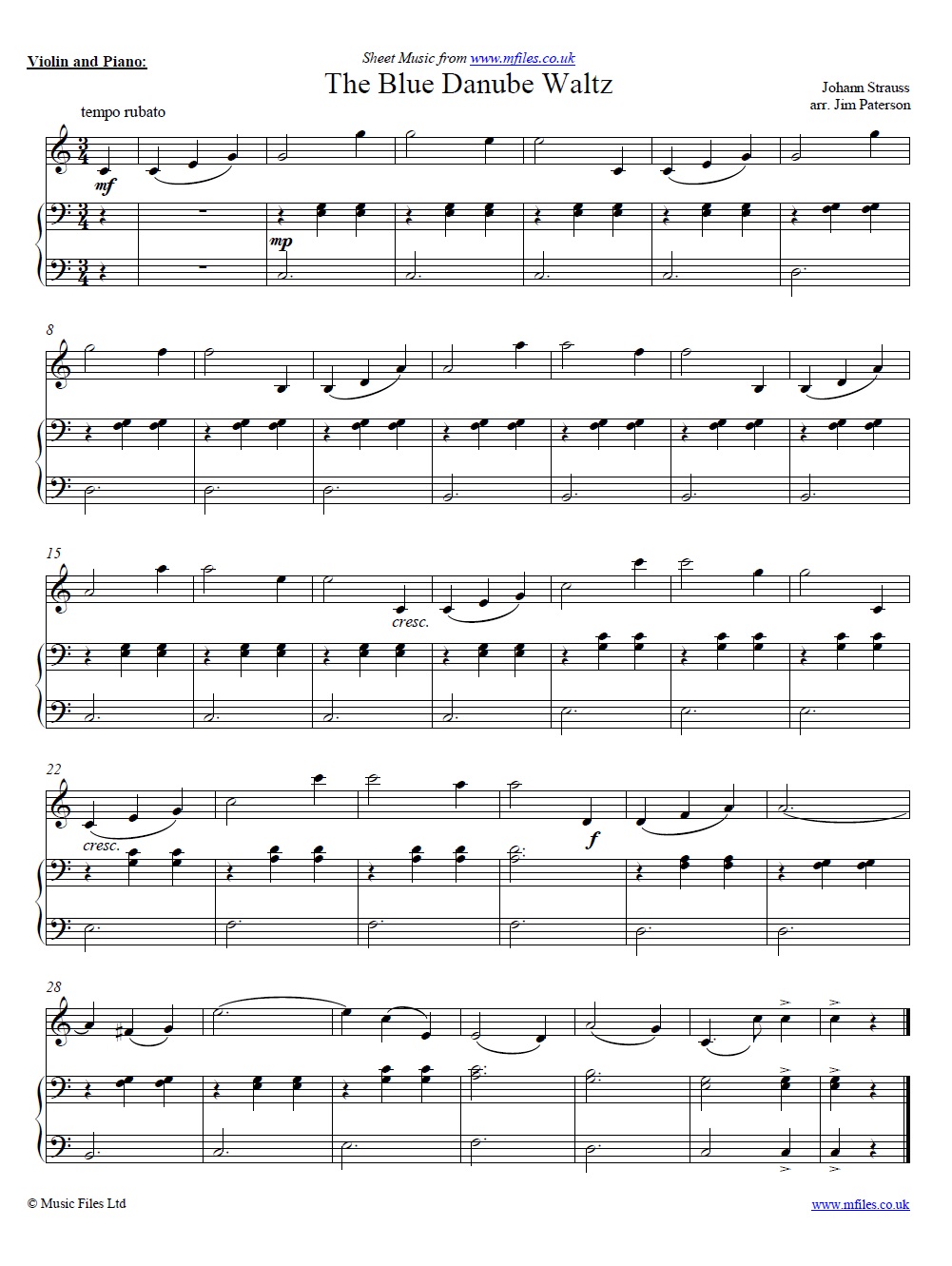 Strauss' The Blue Danube Waltz theme for solo instrument (e.g. violin) and piano - sheet music 1st page