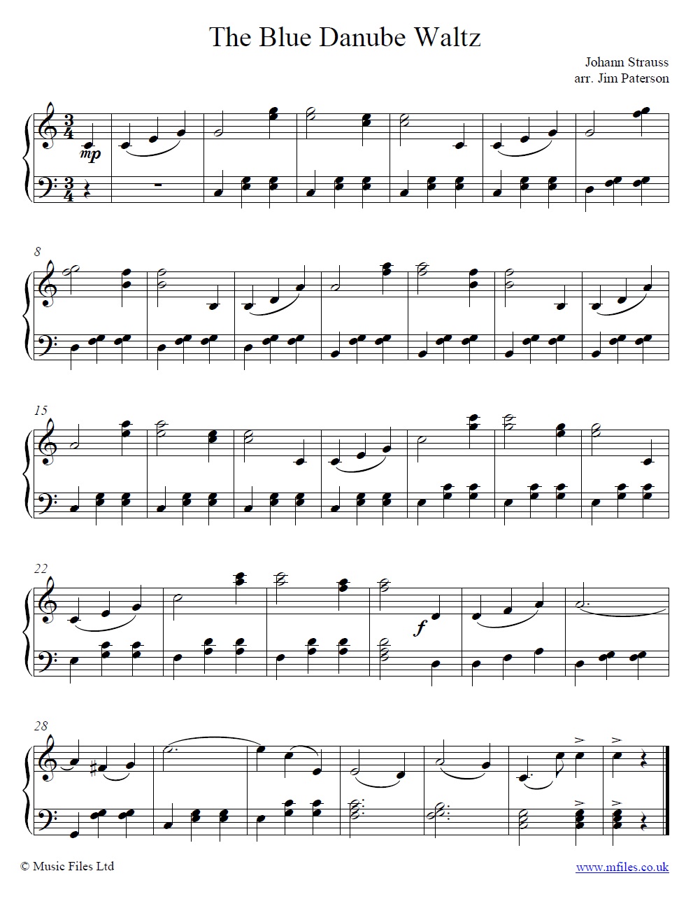 Strauss' The Blue Danube Waltz theme for piano - sheet music 1st page