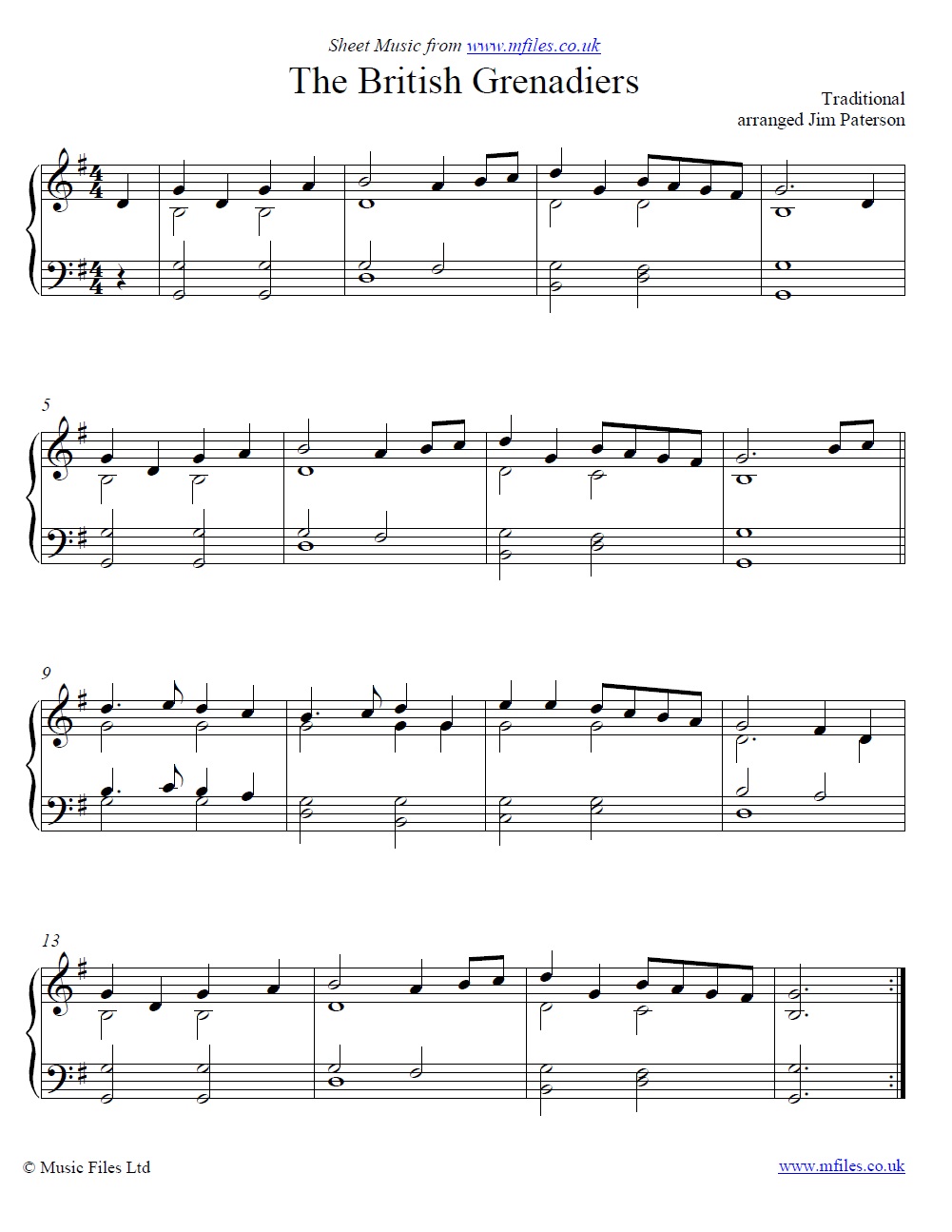 The British Grenadiers for piano - sheet music 1st page