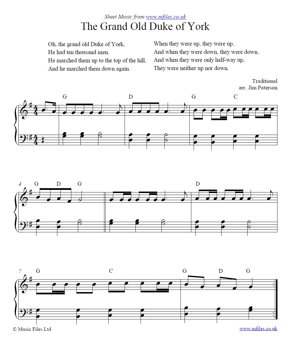 The Grand Old Duke of York for piano - sheet music 1st page