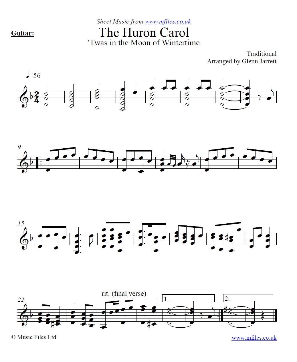 The Huron Carol arranged by Glenn Jarrett for guitar - sheet music 1st page