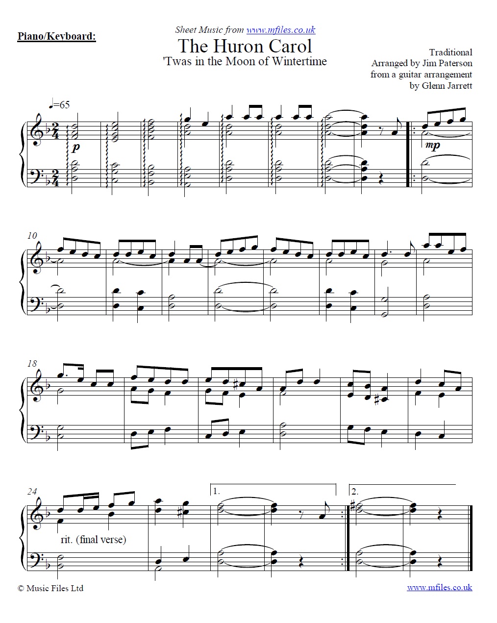 The Huron Carol arranged for piano - sheet music 1st page