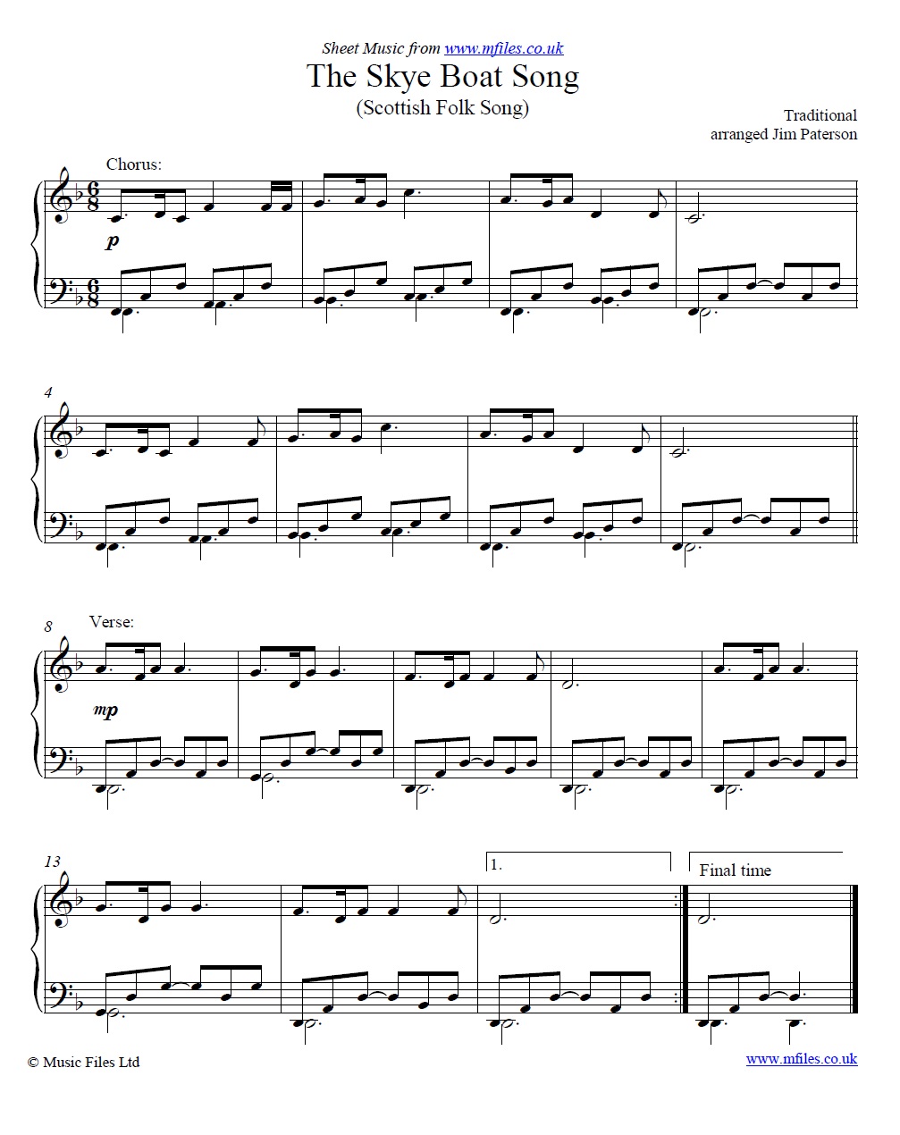 The Skye Boat Song (Outlander theme) for piano - sheet music 1st page
