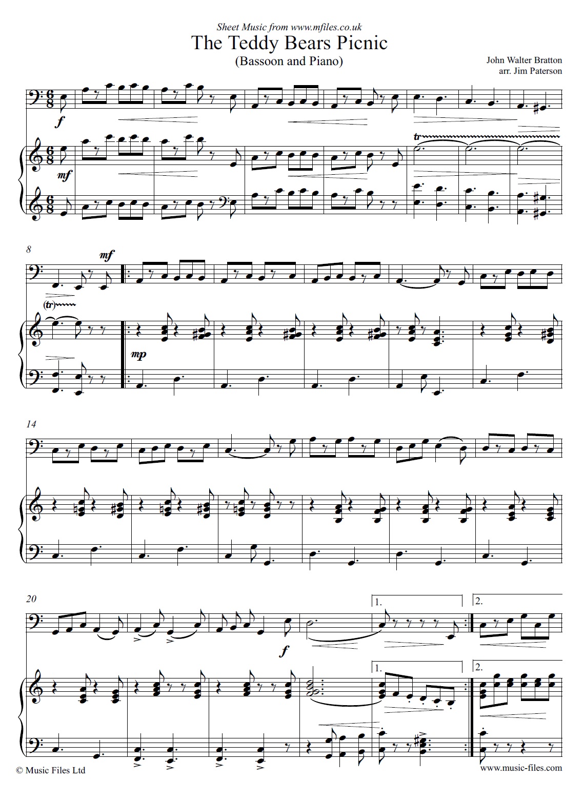 The Teddy Bears' Picnic for Bassoon and Piano - piano sheet music 1st page