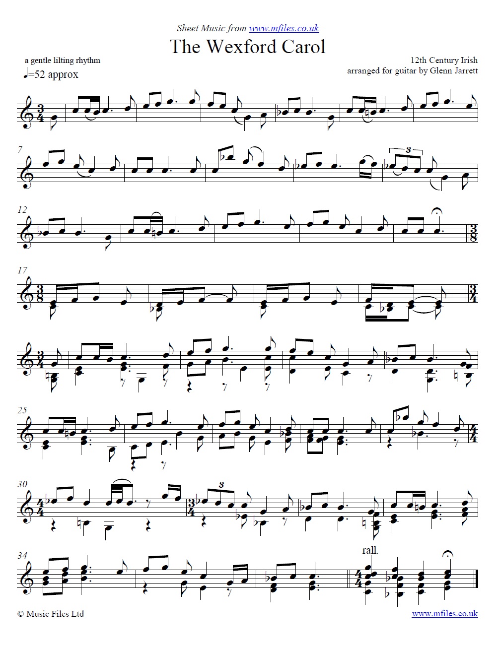The Wexford Carol arranged by Glenn Jarrett for guitar - sheet music 1st page