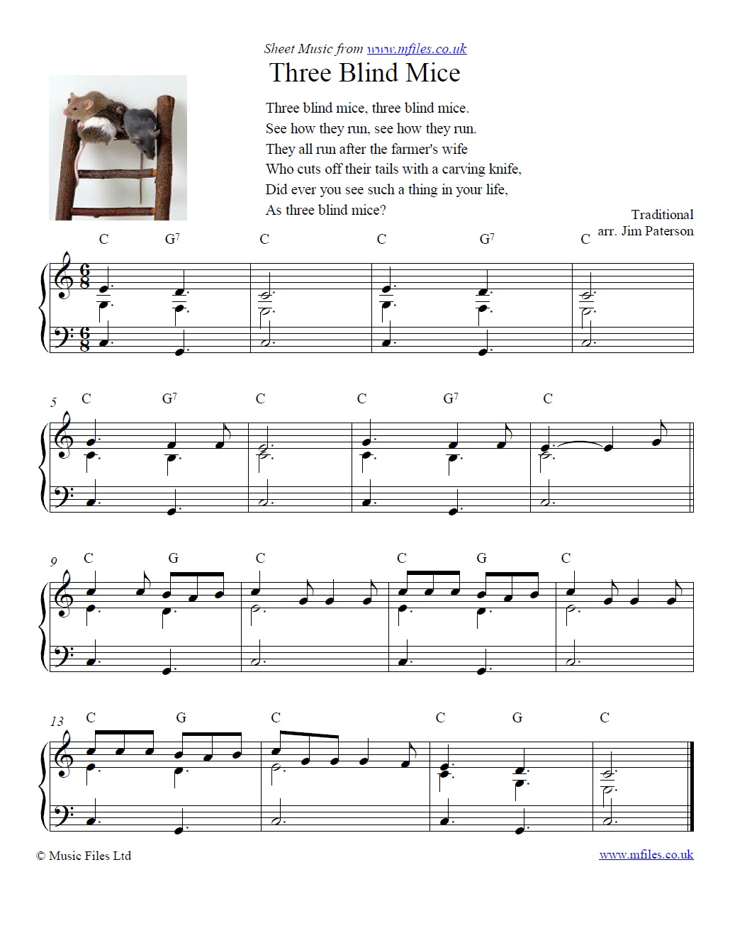 Three Blind Mice for piano - sheet music 1st page