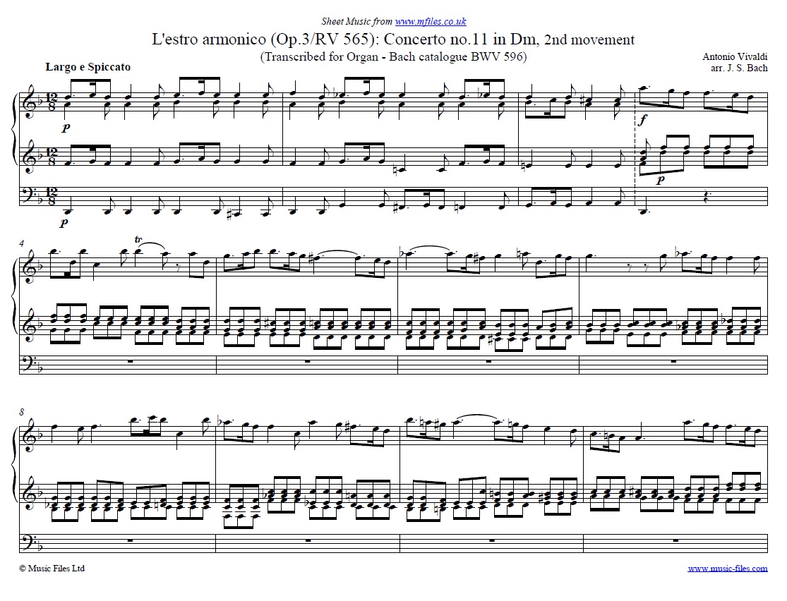 Vivaldi's L'estro armonico Concerto No.11 in Dm, 2nd movement for Organ by Bach - sheet music 1st page