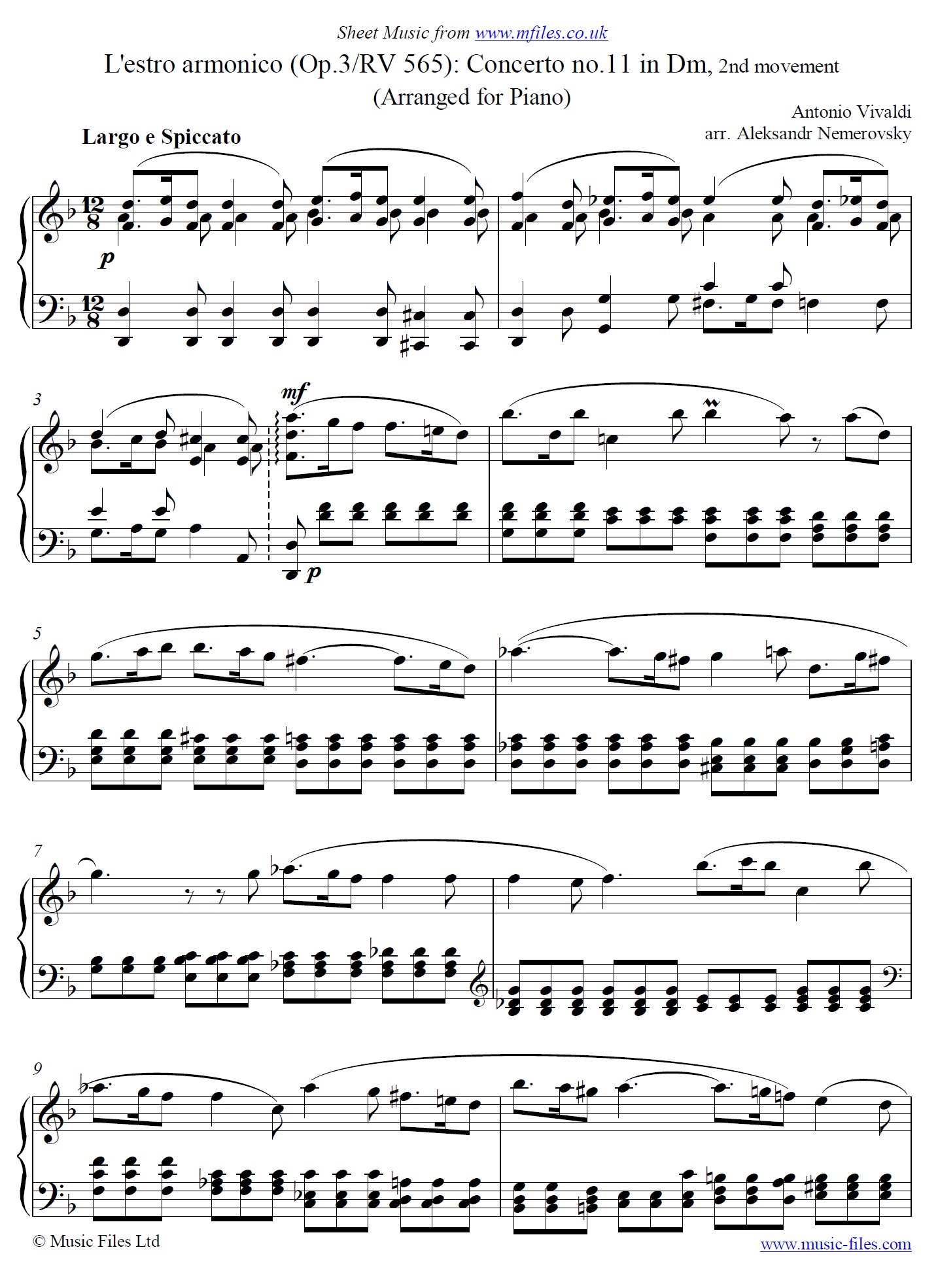 Vivaldi's L'estro armonico Concerto No.11 in Dm, 2nd movement for Piano - sheet music 1st page