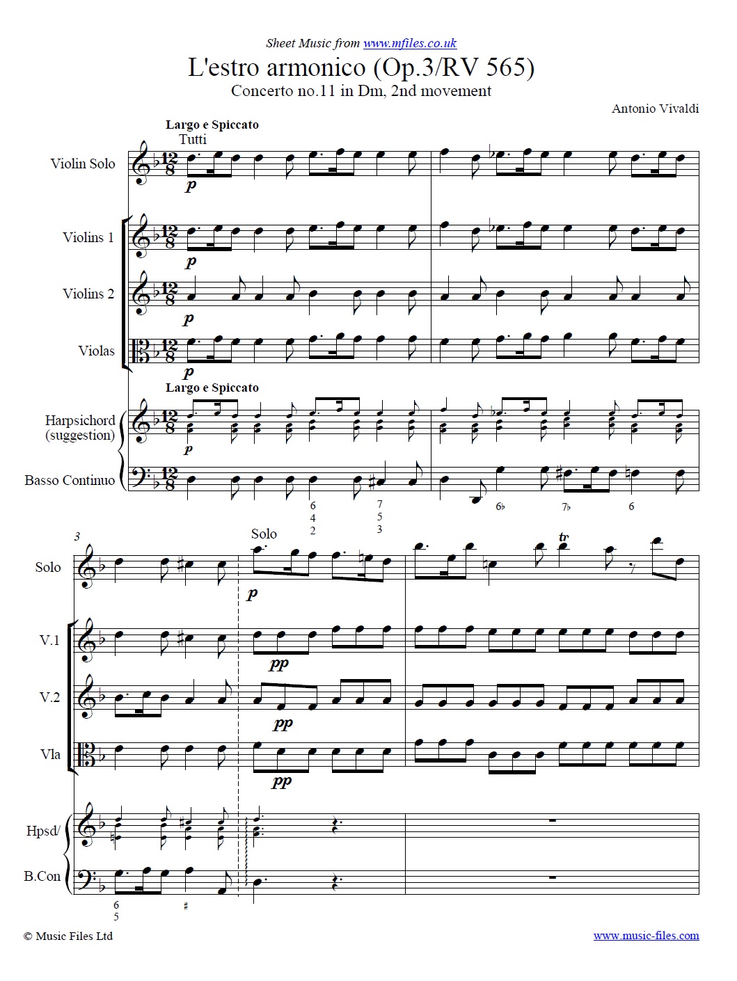 Vivaldi's L'estro armonico, Concerto No.11 in Dm, 2nd movement - sheet music 1st page