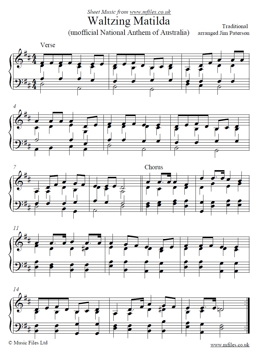 Waltzing Matilda for piano - sheet music 1st page