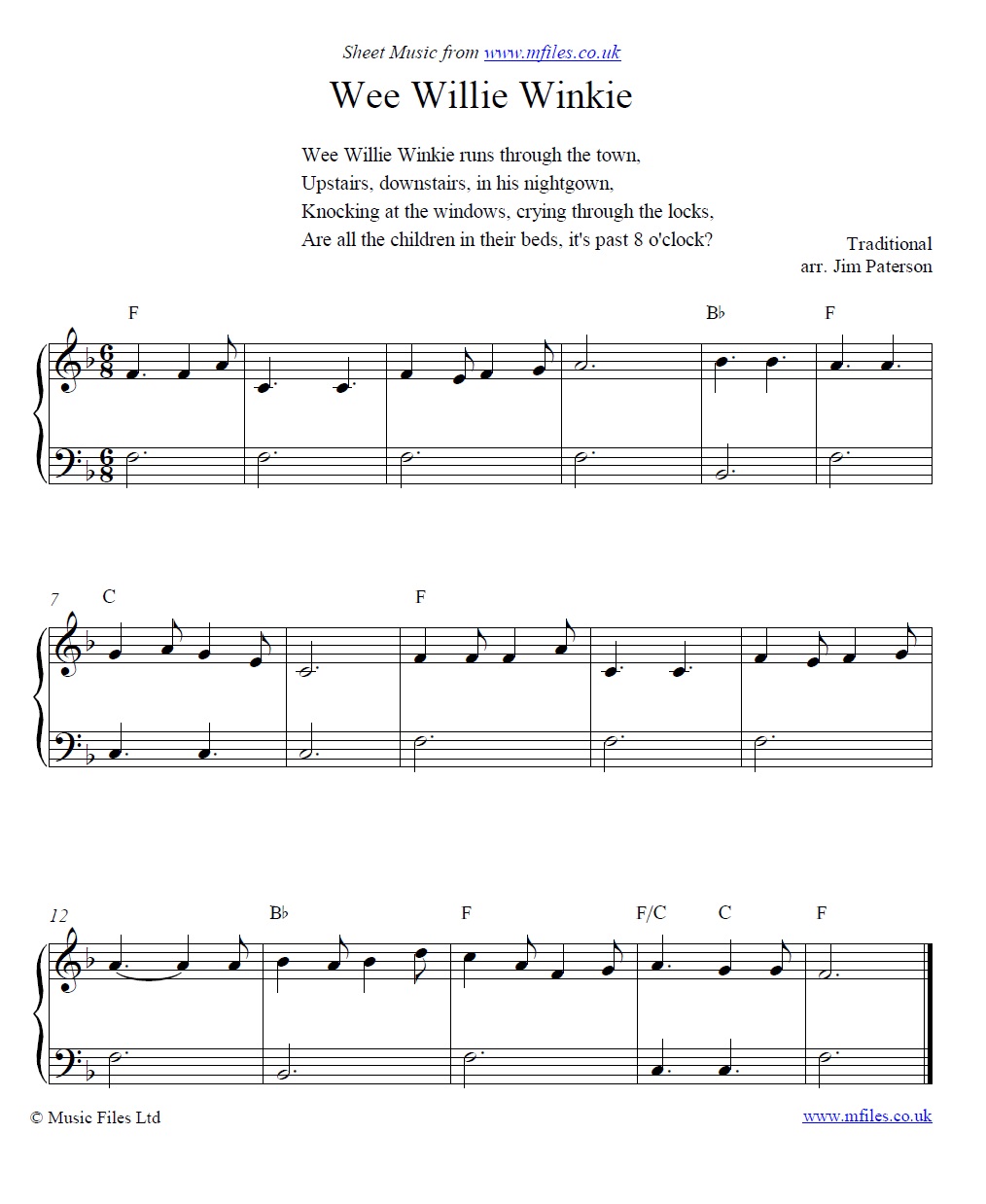 Wee Willie Winkie for piano - sheet music 1st page