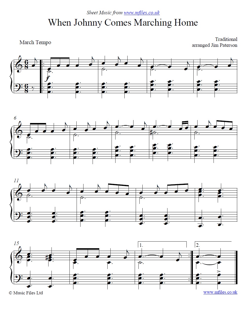 When Johnny Comes Marching Home for piano - sheet music 1st page